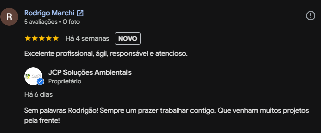 Avaliação de Rodrigo Marchi no Google, cinco estrelas: excelente profissional, ágil, responsável e atencioso. Resposta da JCP: sem palavras Rodrigão, sempre um prazer trabalhar contigo, que venham muitos projetos pela frente.